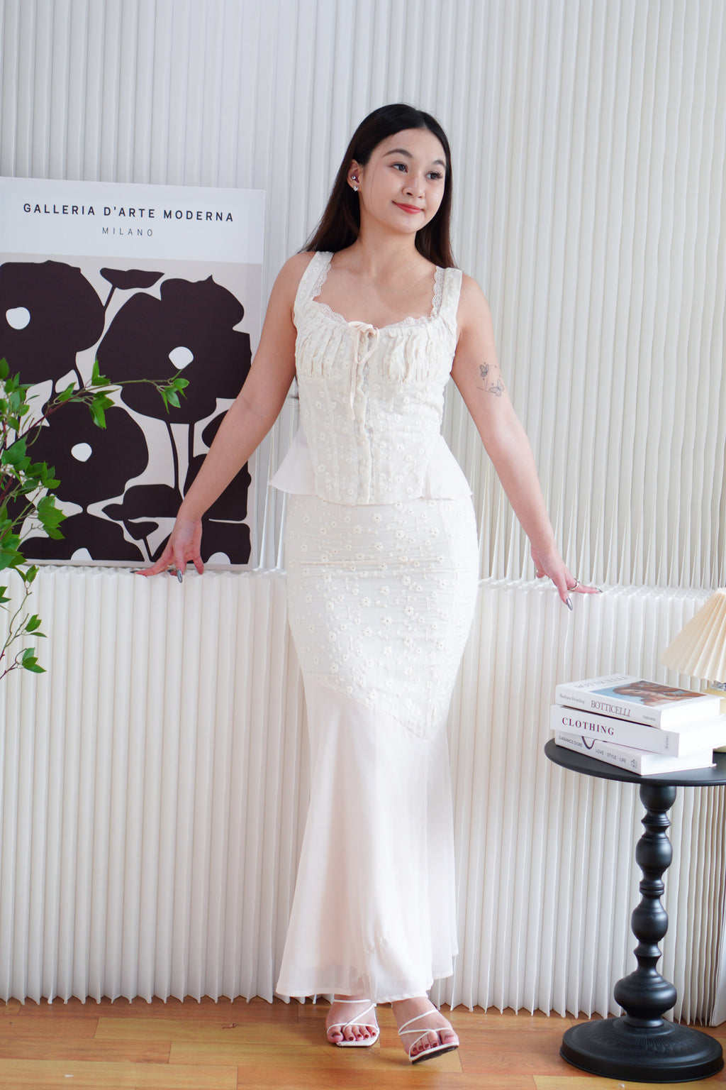 Calyra Floral Lace Fishtail Skirt in Beige