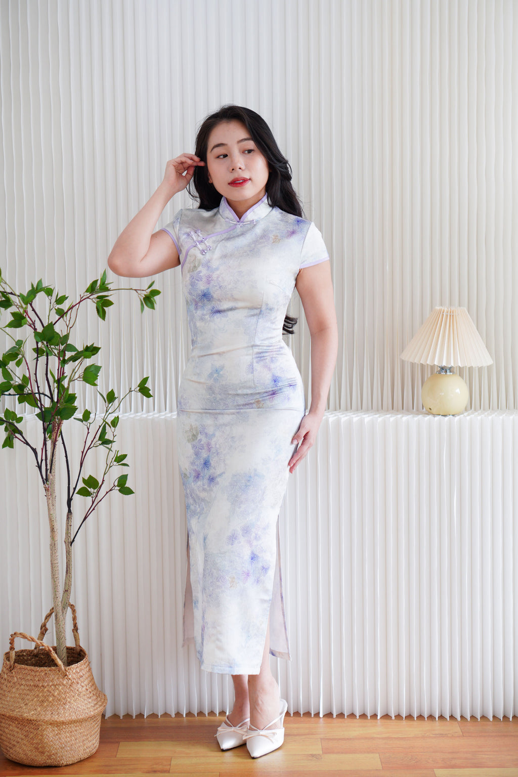 Tang Ning Short Sleeve Floral Maxi Cheongsam in Purple