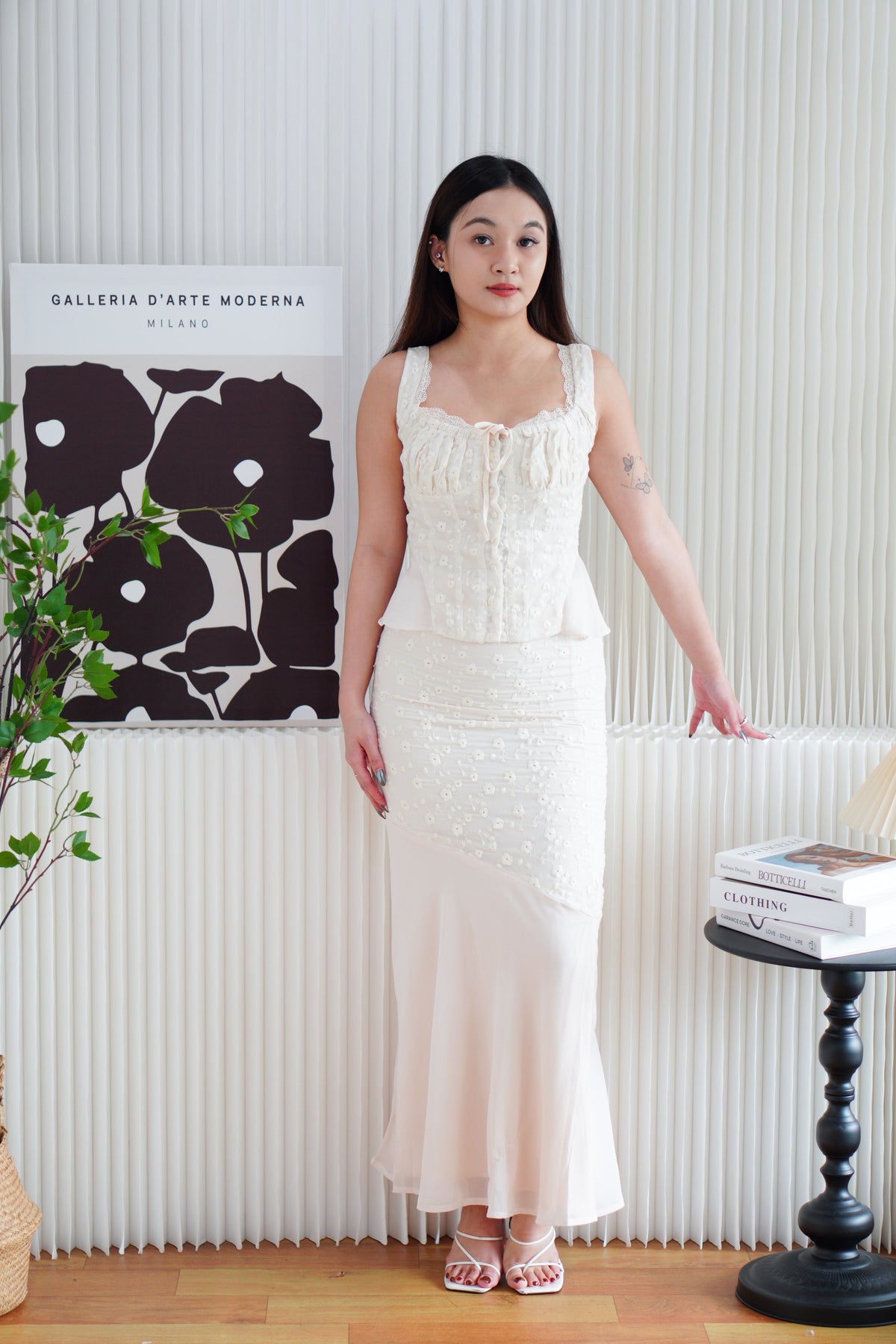 Calyra Floral Lace Fishtail Skirt in Beige