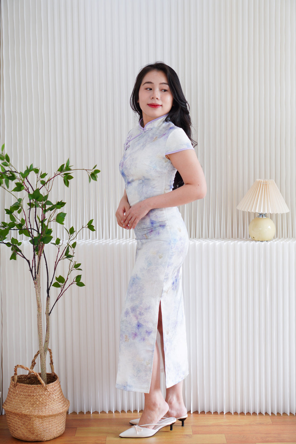 Tang Ning Short Sleeve Floral Maxi Cheongsam in Purple