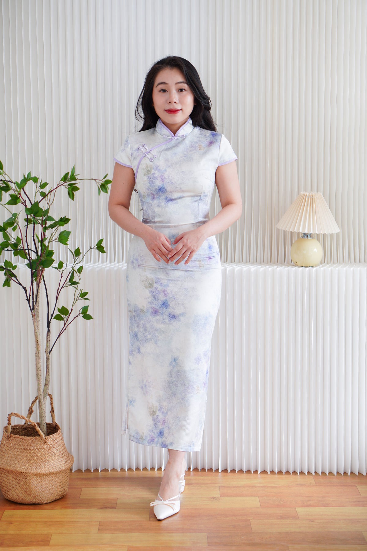 Tang Ning Short Sleeve Floral Maxi Cheongsam in Purple