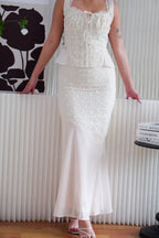 Calyra Floral Lace Fishtail Skirt in Beige