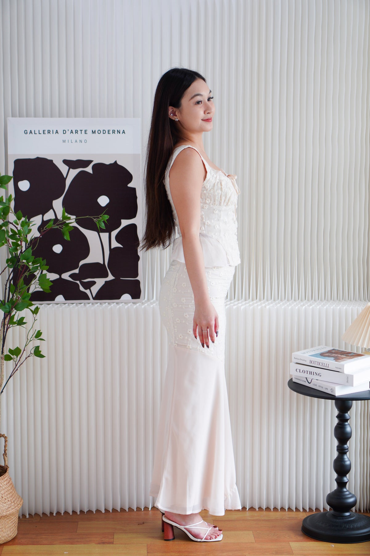 Calyra Floral Lace Fishtail Skirt in Beige