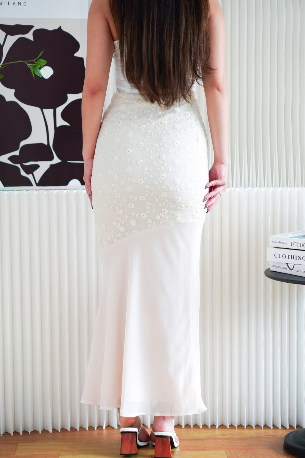 Calyra Floral Lace Fishtail Skirt in Beige