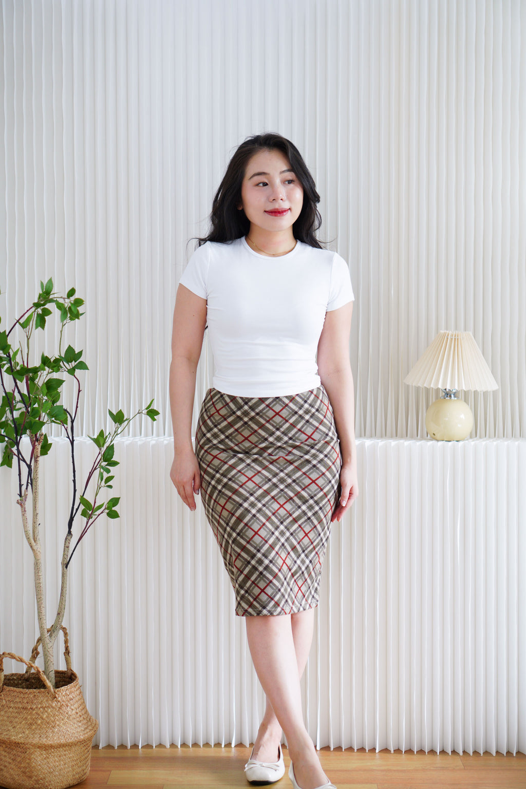 Maple Plaid Bodycon Midi Skirt in Brown