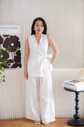 Mizelle V Neck Self Tie Top and Pants 2 Piece Set in White