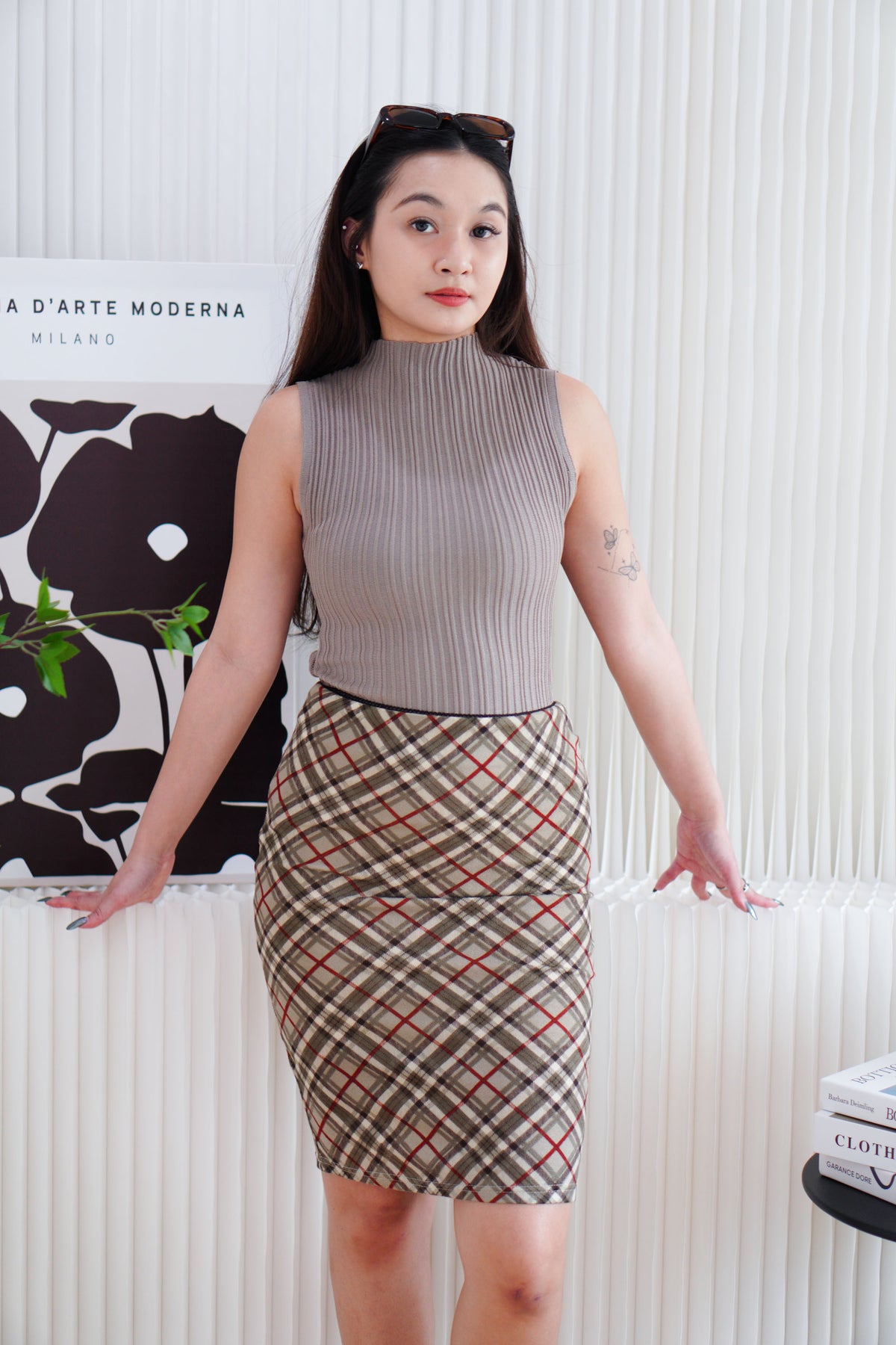 Maple Plaid Bodycon Midi Skirt in Brown