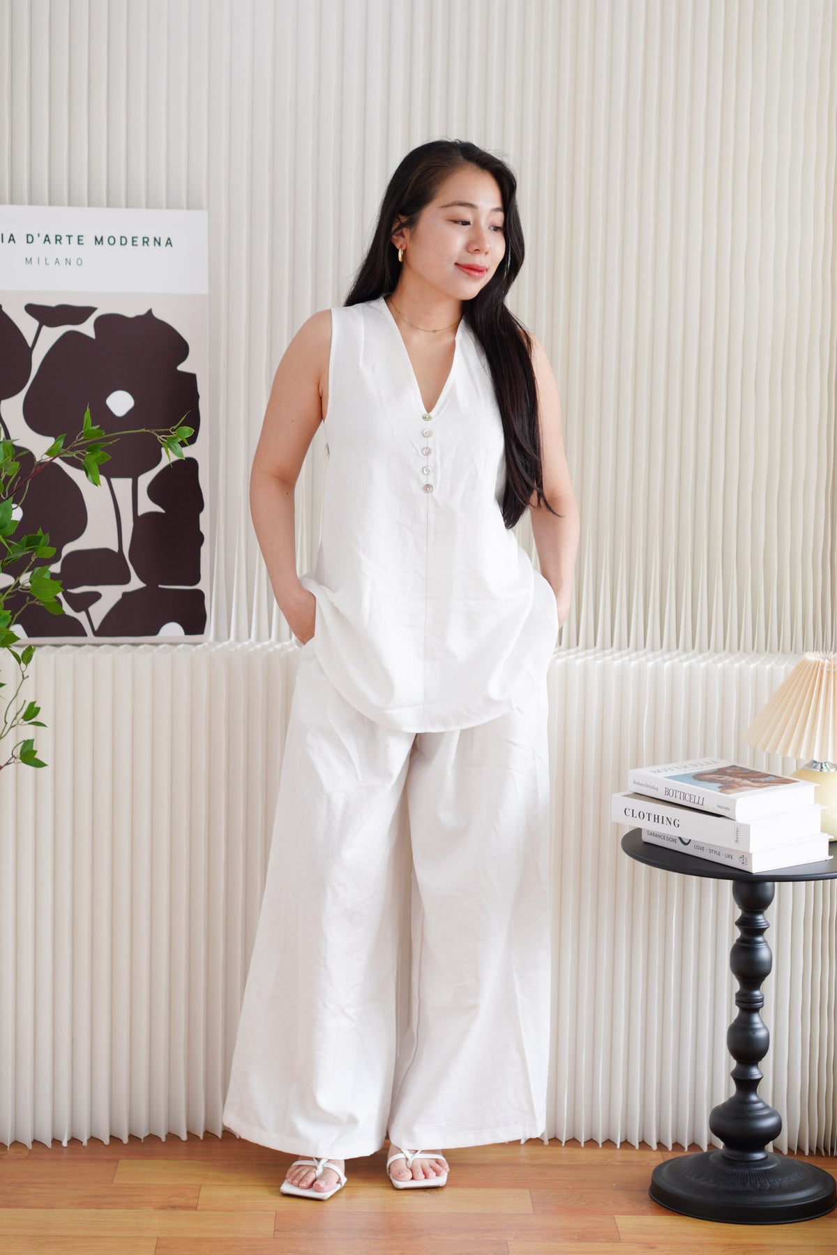 Mizelle V Neck Self Tie Top and Pants 2 Piece Set in White