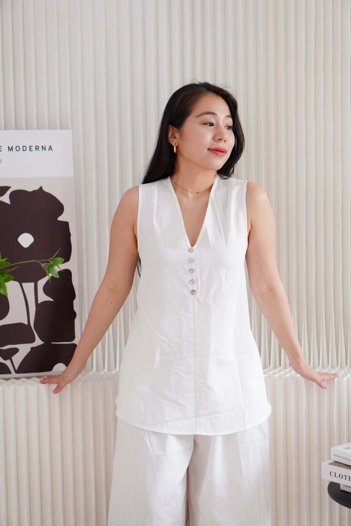 Mizelle V Neck Self Tie Top and Pants 2 Piece Set in White