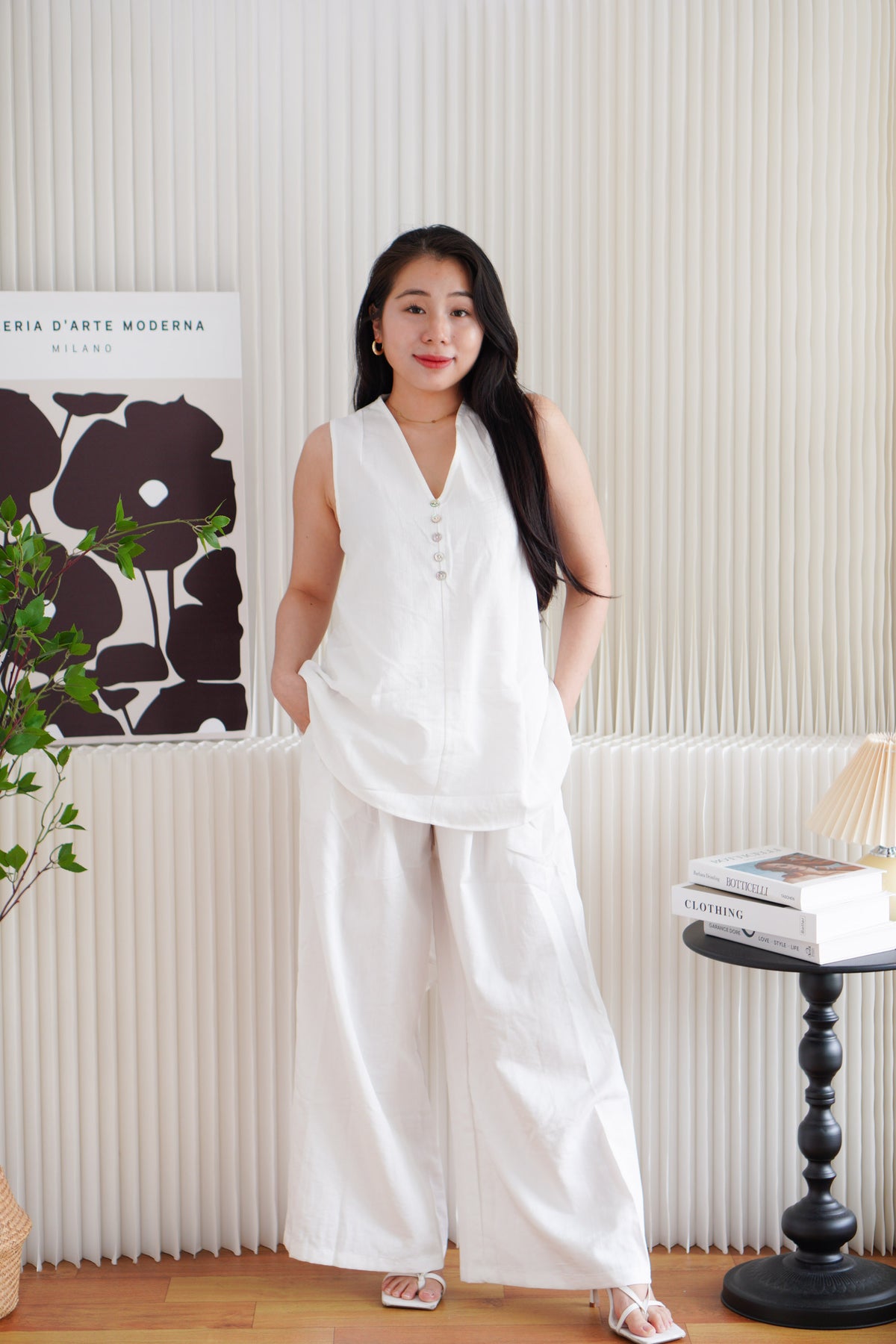 Mizelle V Neck Self Tie Top and Pants 2 Piece Set in White