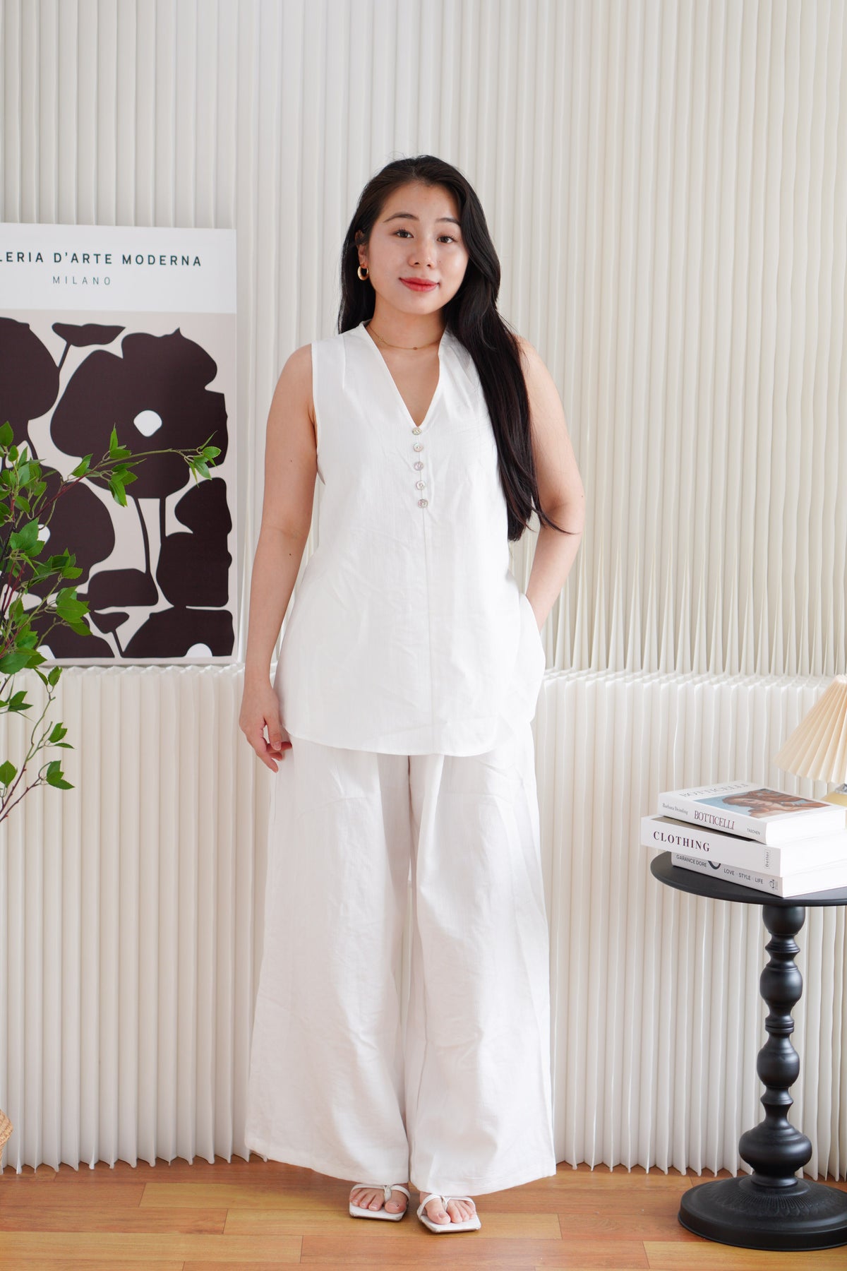 Mizelle V Neck Self Tie Top and Pants 2 Piece Set in White
