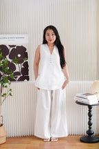 Mizelle V Neck Self Tie Top and Pants 2 Piece Set in White