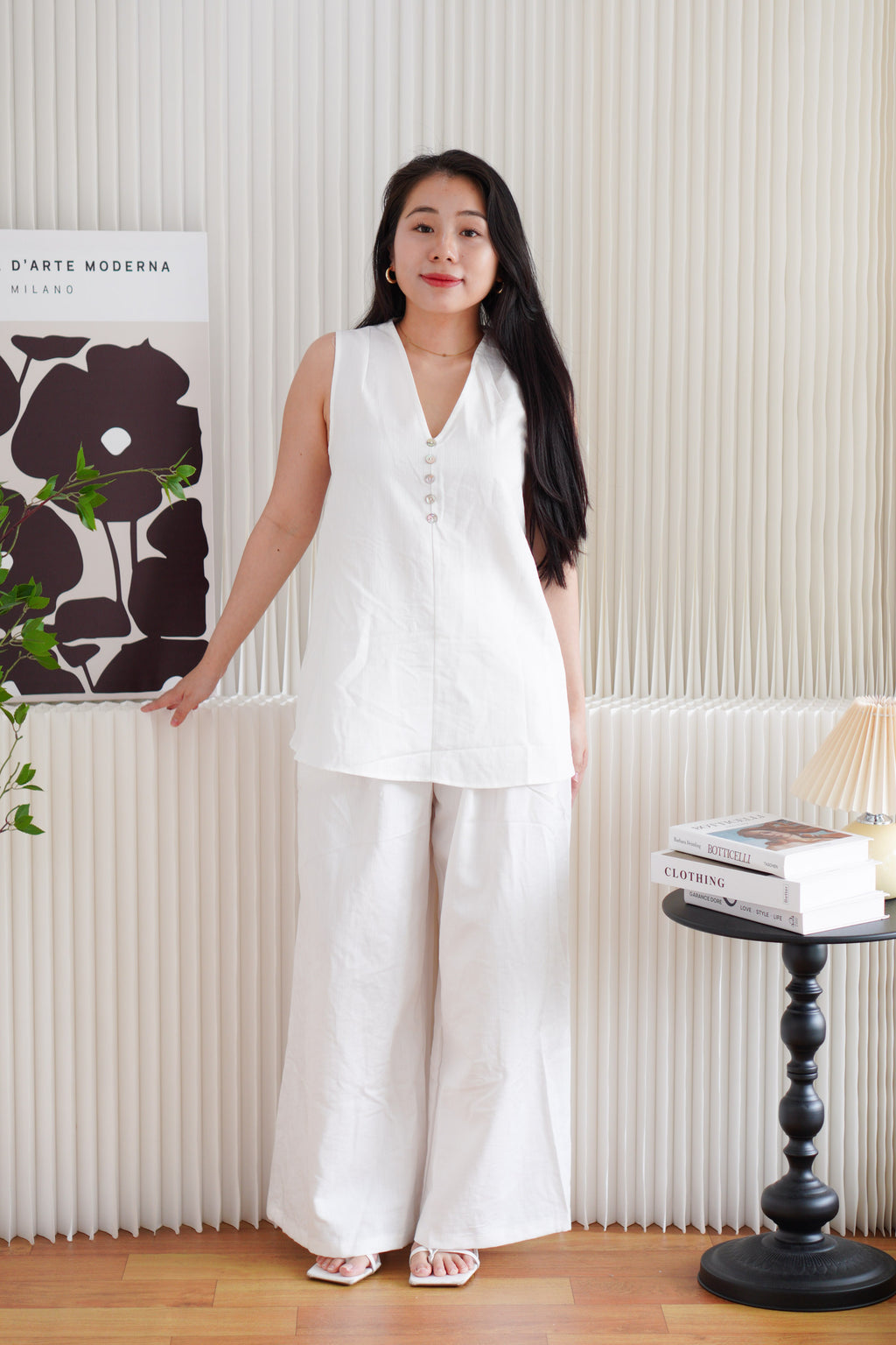 Mizelle V Neck Self Tie Top and Pants 2 Piece Set in White