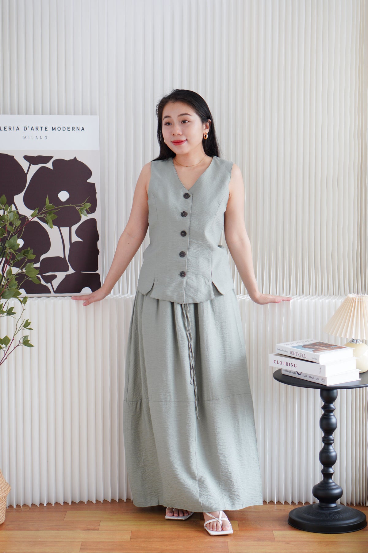 Zanya Button Down Vest 2 Piece Skirt Set in Green