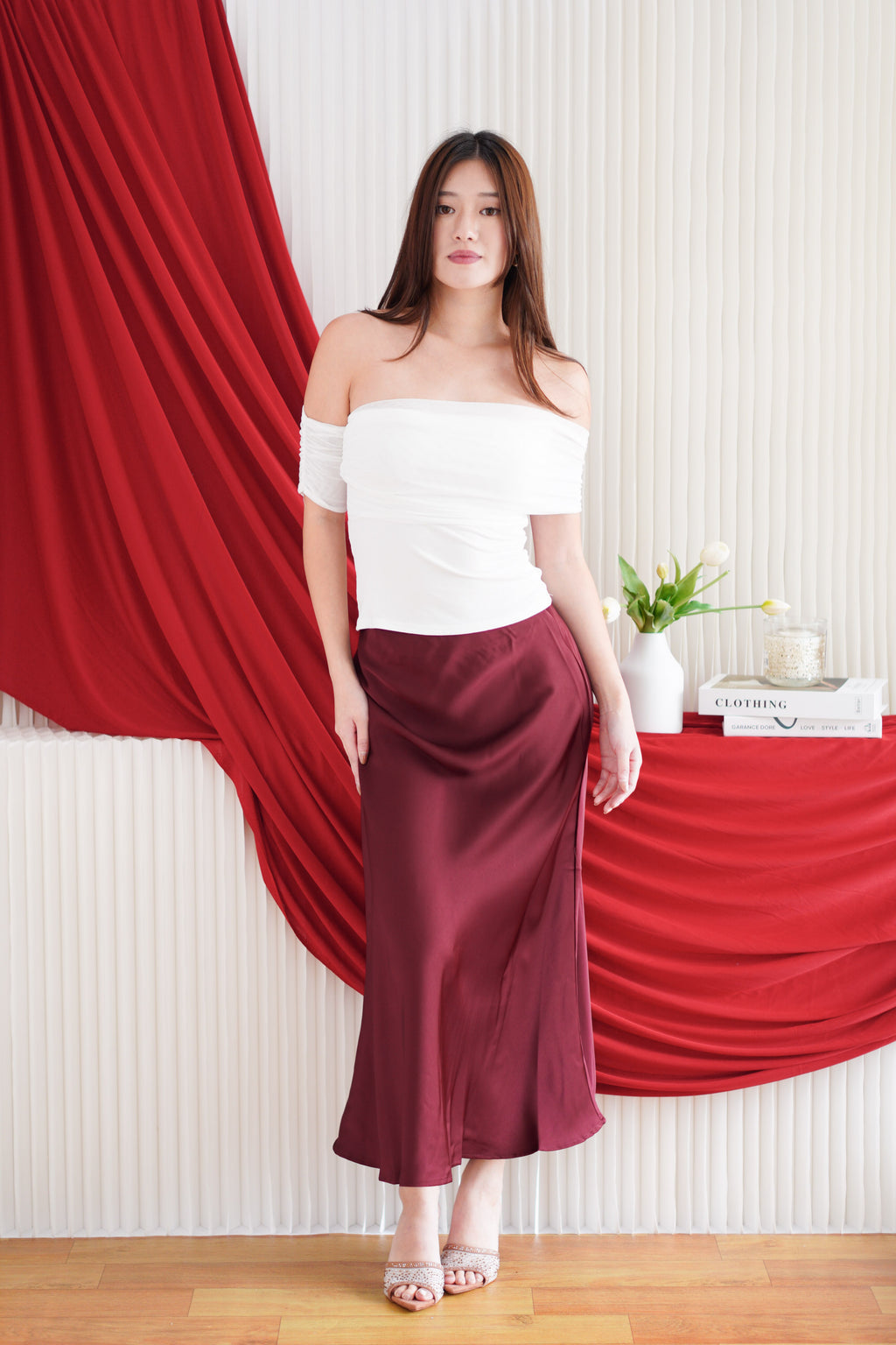 Auraya Off Shoulder Drape Mesh Top in White
