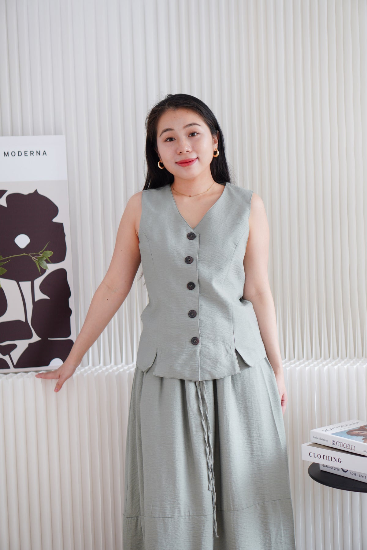 Zanya Button Down Vest 2 Piece Skirt Set in Green