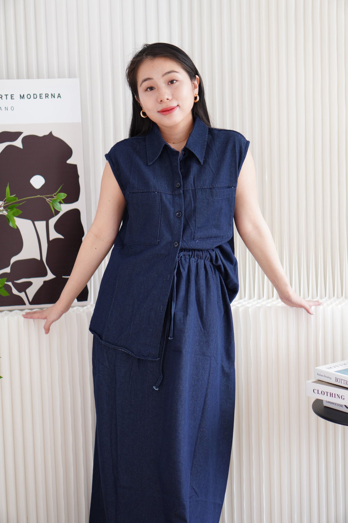 Kiena Denim 2 Piece Skirt Set in Blue