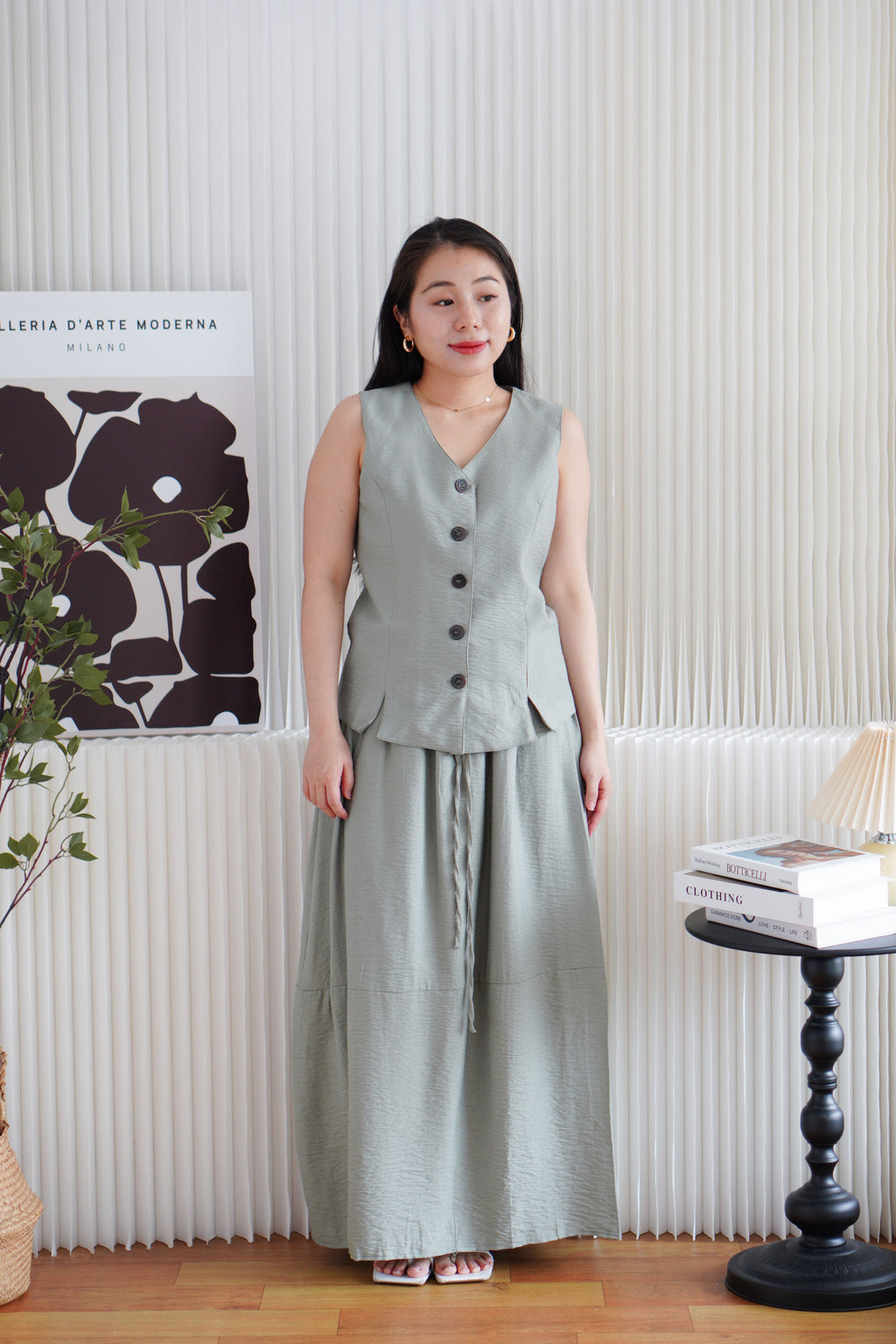 Zanya Button Down Vest 2 Piece Skirt Set in Green