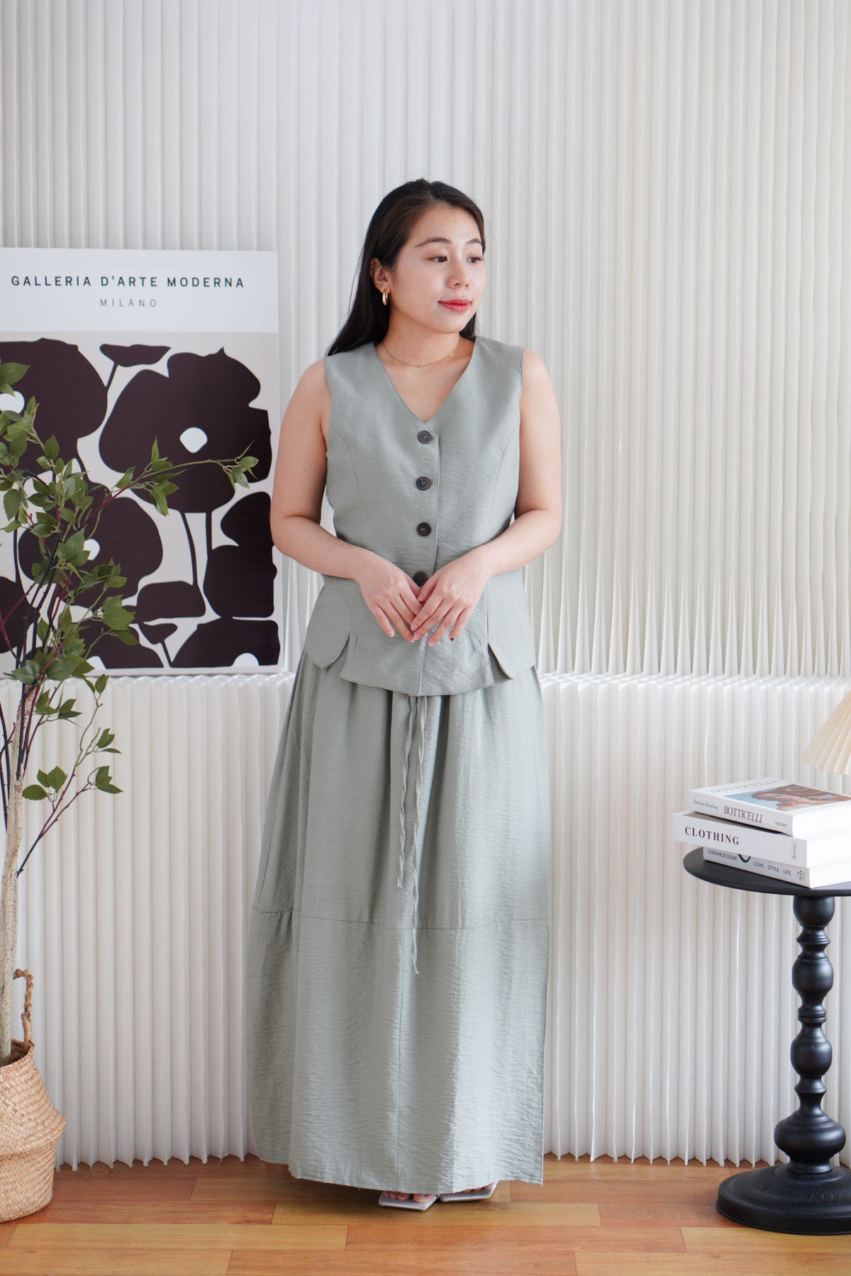 Zanya Button Down Vest 2 Piece Skirt Set in Green
