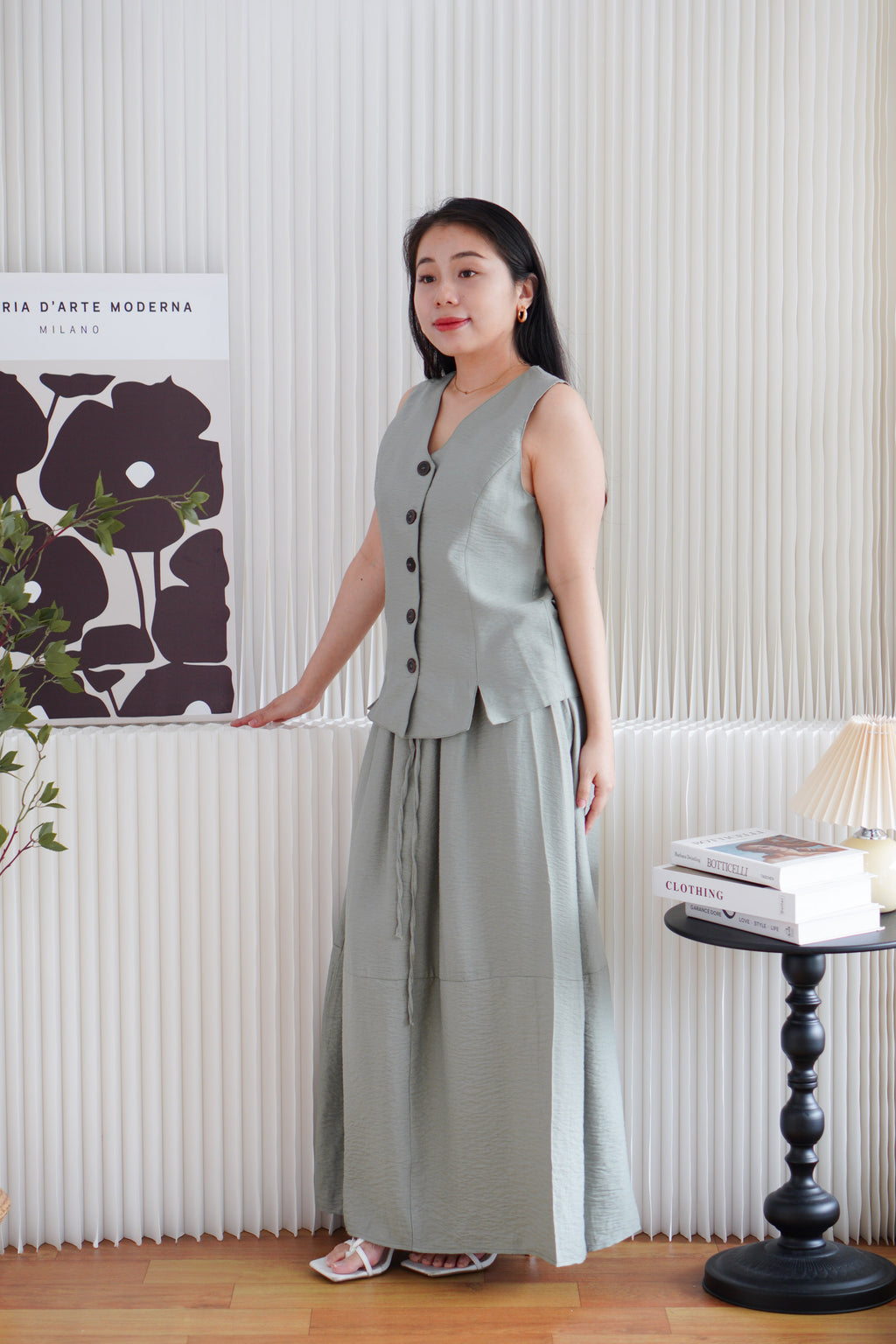 Zanya Button Down Vest 2 Piece Skirt Set in Green