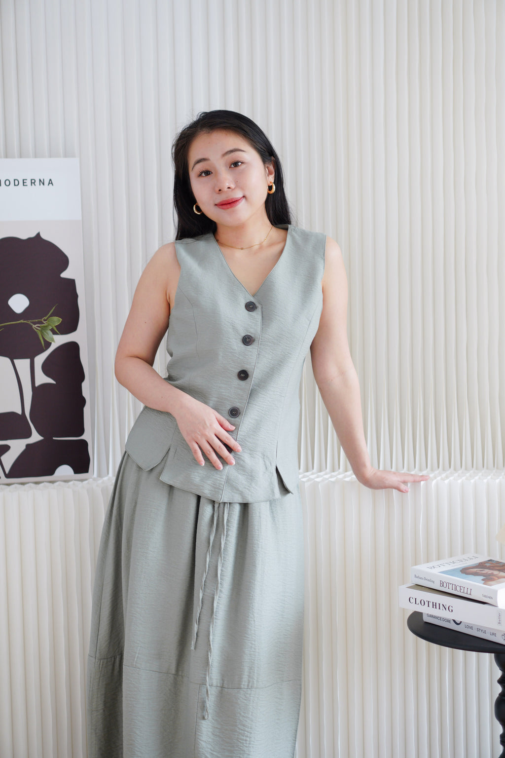Zanya Button Down Vest 2 Piece Skirt Set in Green