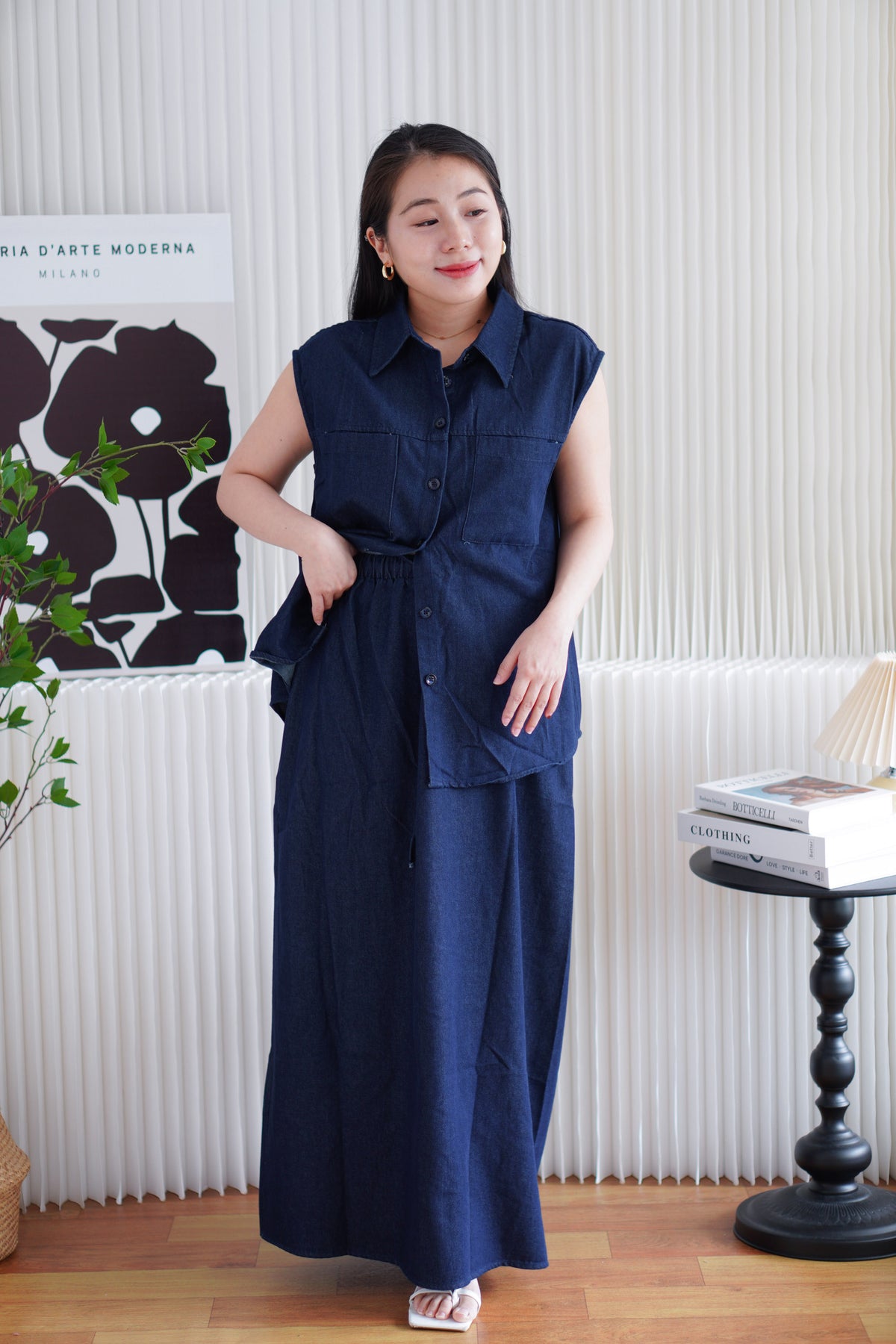 Kiena Denim 2 Piece Skirt Set in Blue