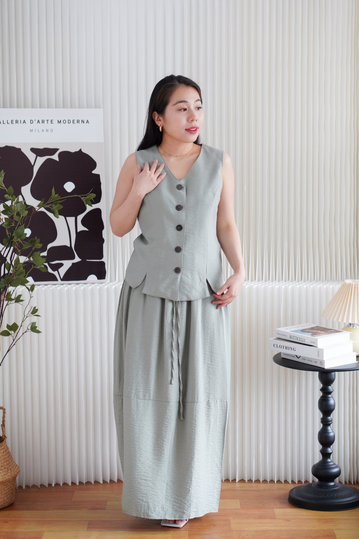 Zanya Button Down Vest 2 Piece Skirt Set in Green