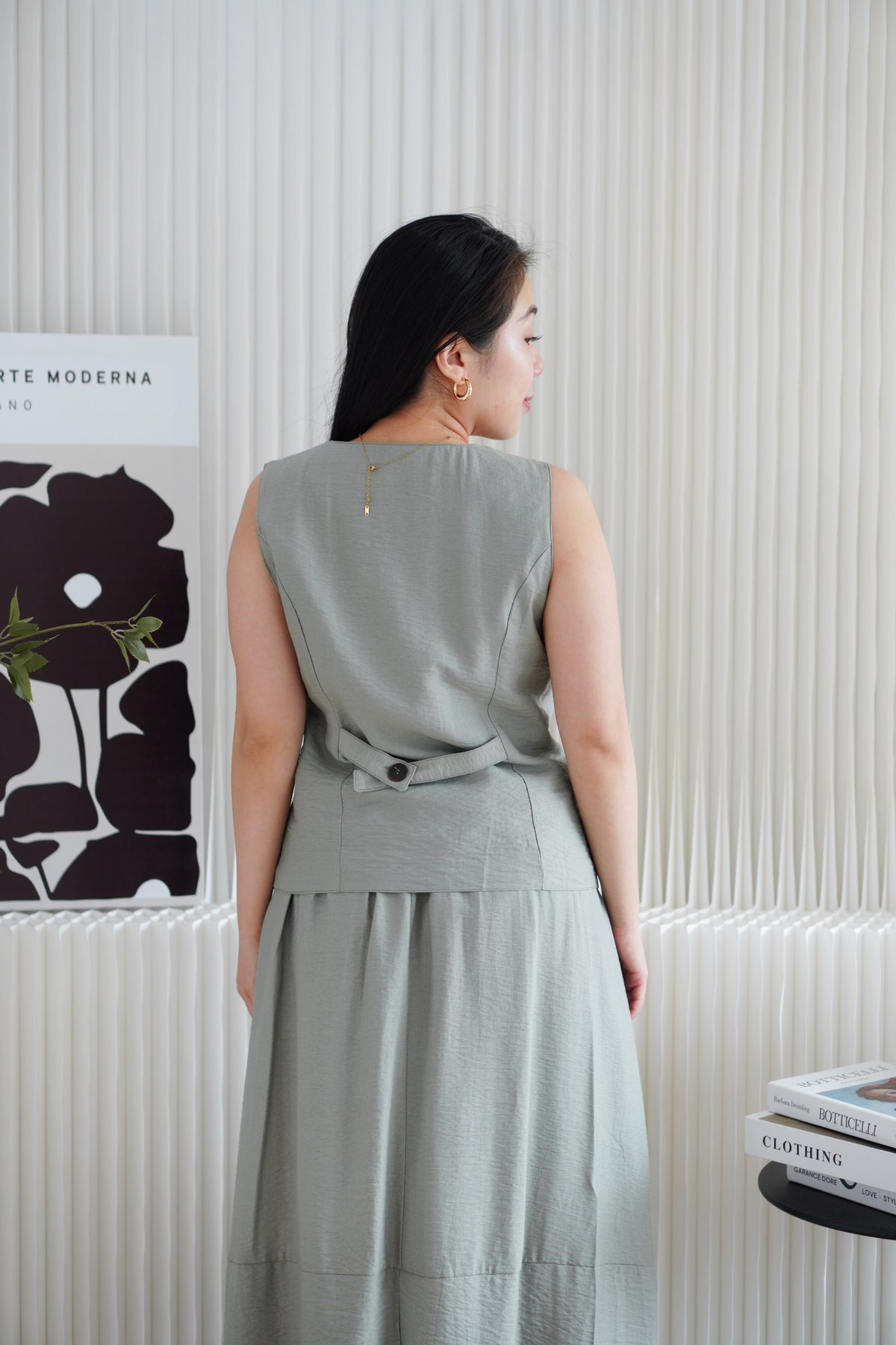 Zanya Button Down Vest 2 Piece Skirt Set in Green