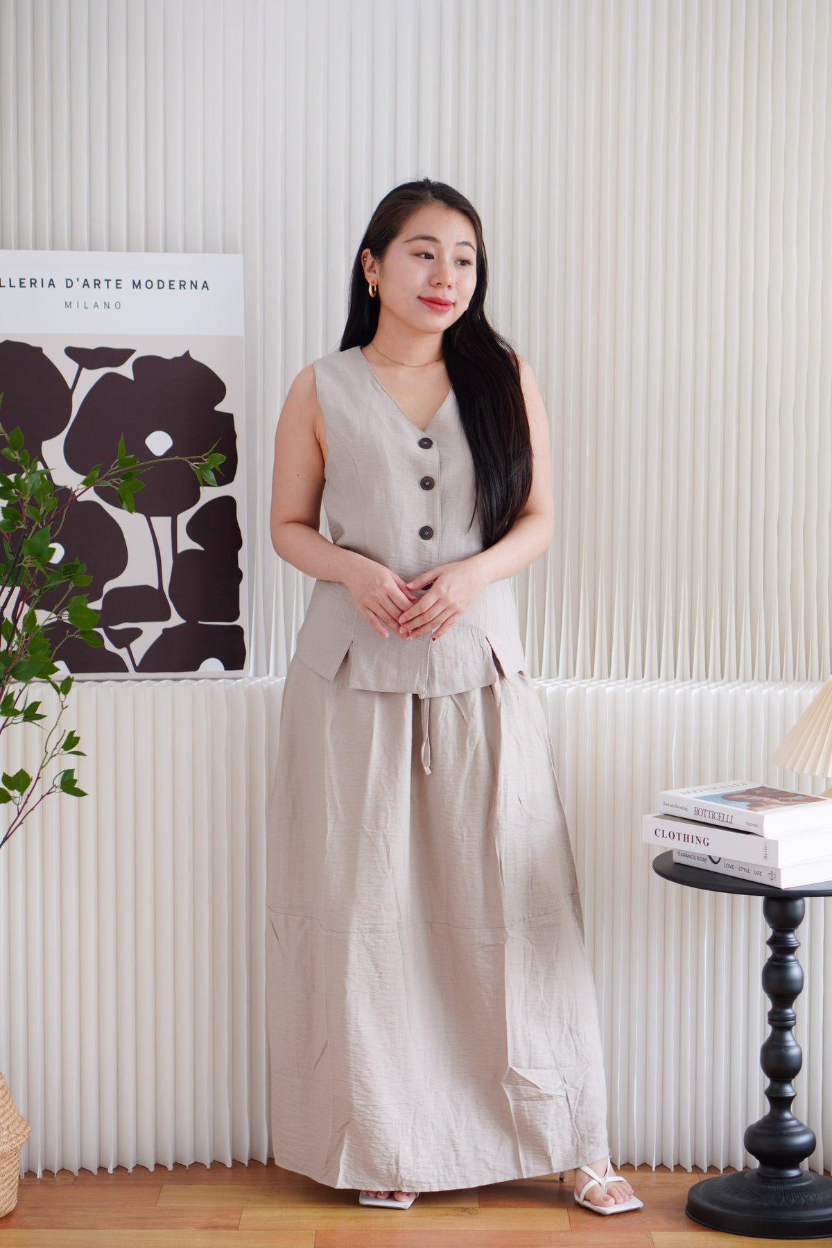 Zanya Button Down Vest 2 Piece Skirt Set in Light Khaki