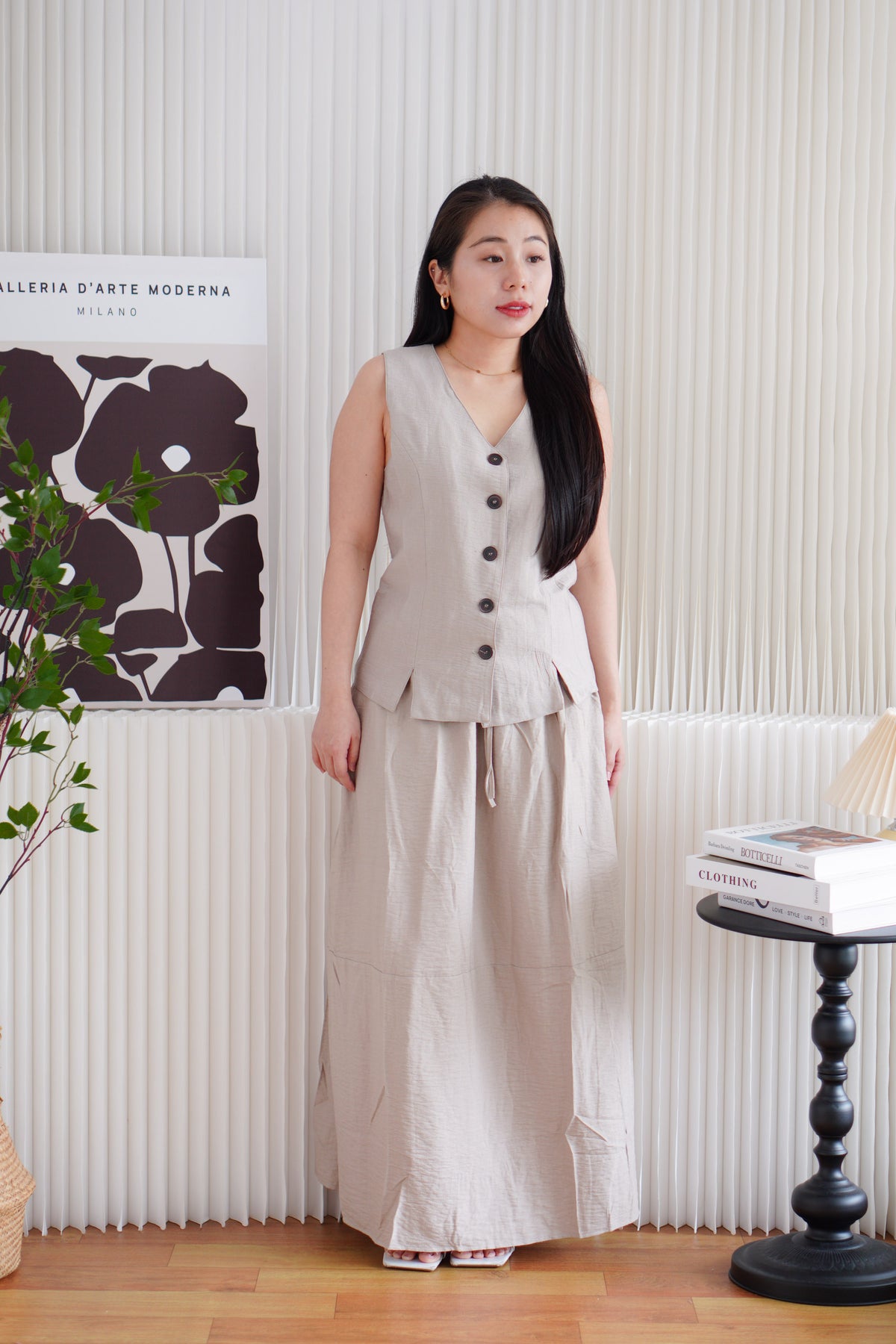 Zanya Button Down Vest 2 Piece Skirt Set in Light Khaki