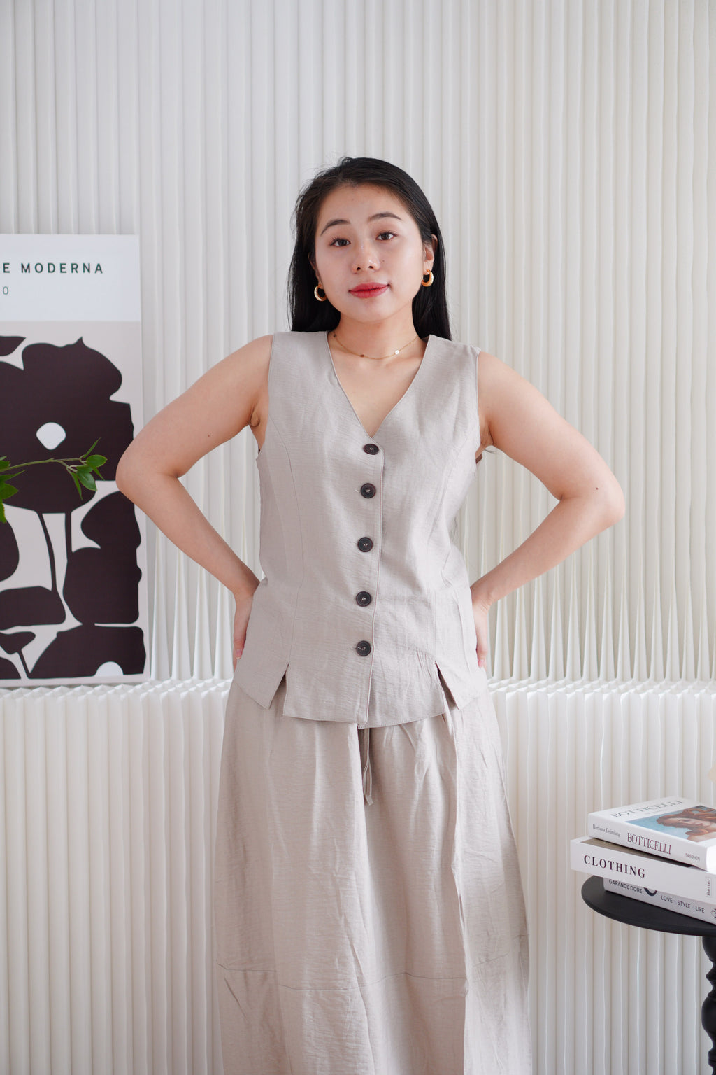 Zanya Button Down Vest 2 Piece Skirt Set in Light Khaki
