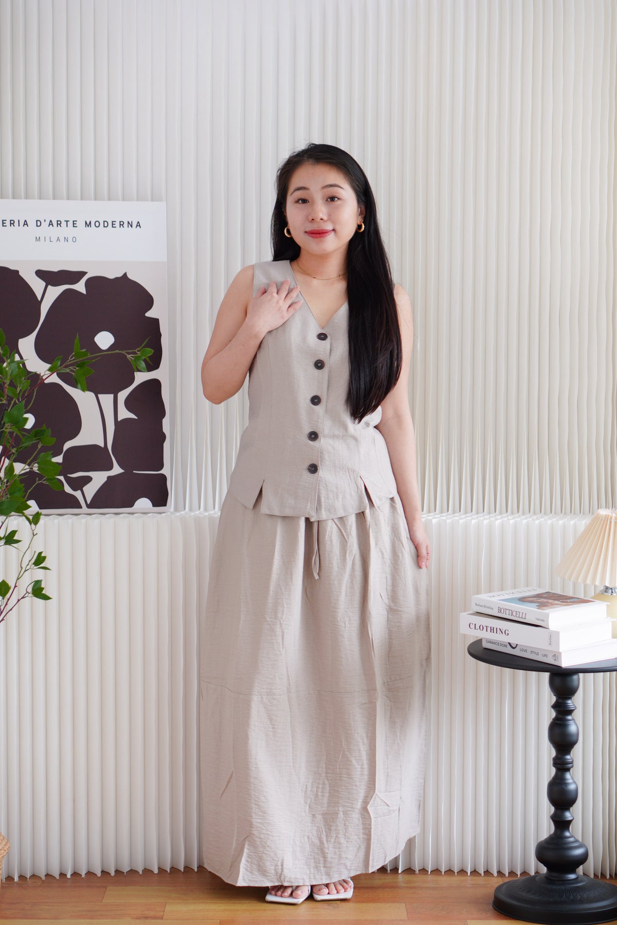 Zanya Button Down Vest 2 Piece Skirt Set in Light Khaki