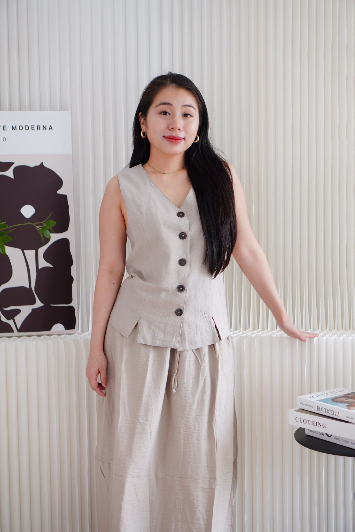 Zanya Button Down Vest 2 Piece Skirt Set in Light Khaki