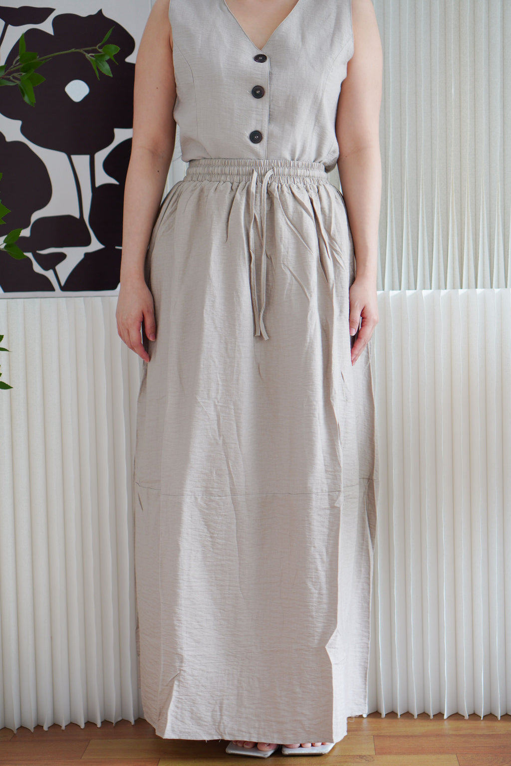 Zanya Button Down Vest 2 Piece Skirt Set in Light Khaki
