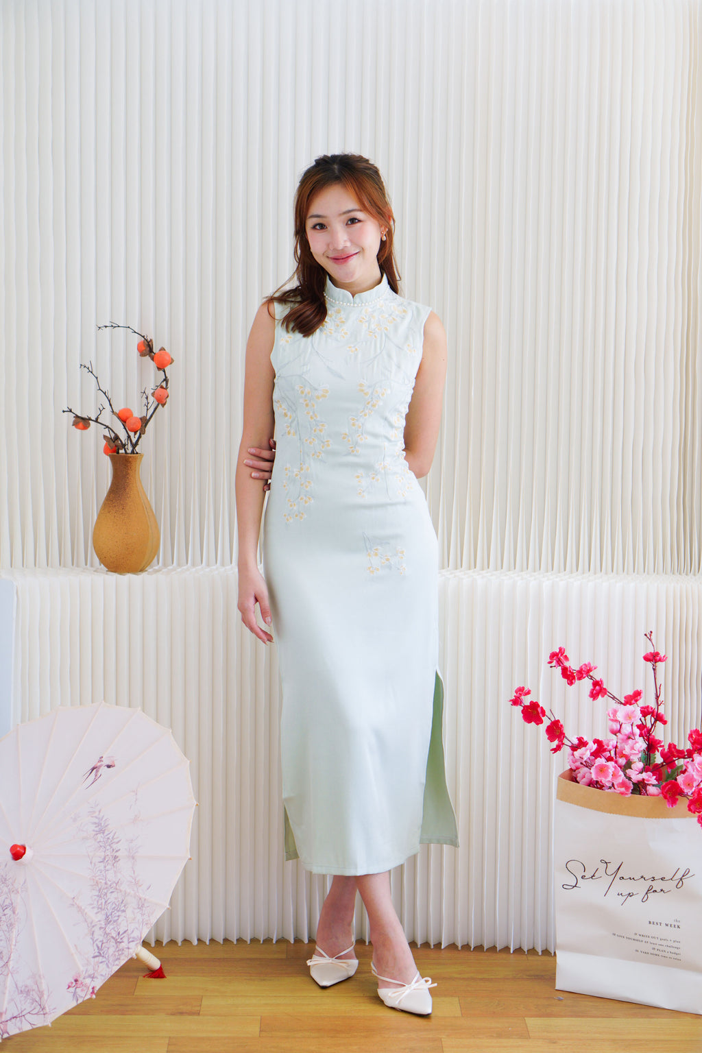 Man Lian High Neck Modern Maxi Cheongsam with Pearls in Light Green
