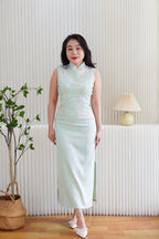 Man Lian High Neck Modern Maxi Cheongsam with Pearls in Light Green