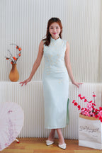 Man Lian High Neck Modern Maxi Cheongsam with Pearls in Light Green