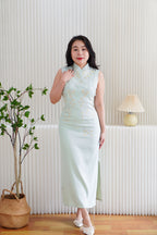 Man Lian High Neck Modern Maxi Cheongsam with Pearls in Light Green