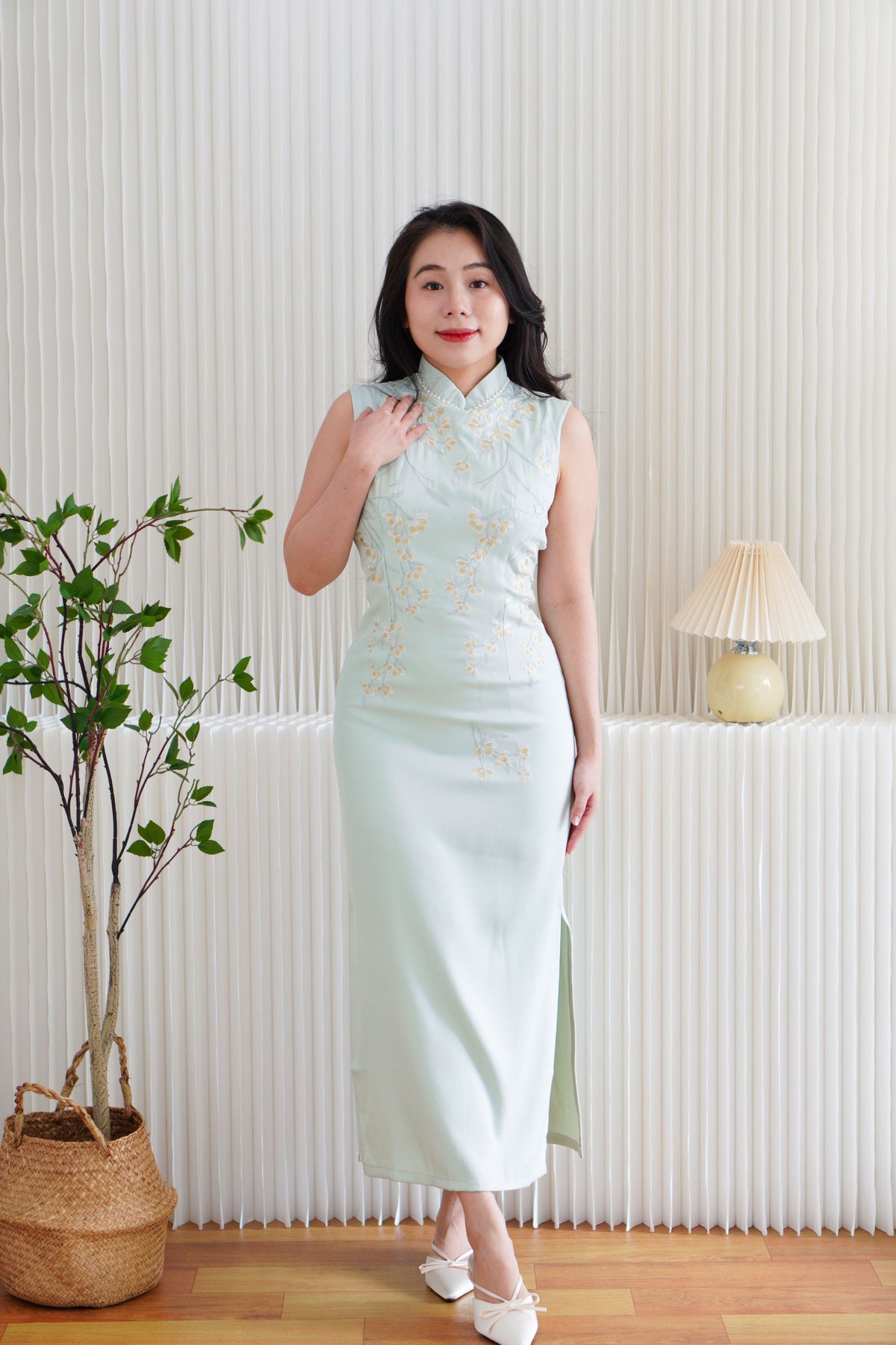 Man Lian High Neck Modern Maxi Cheongsam with Pearls in Light Green