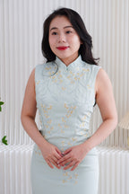 Man Lian High Neck Modern Maxi Cheongsam with Pearls in Light Green
