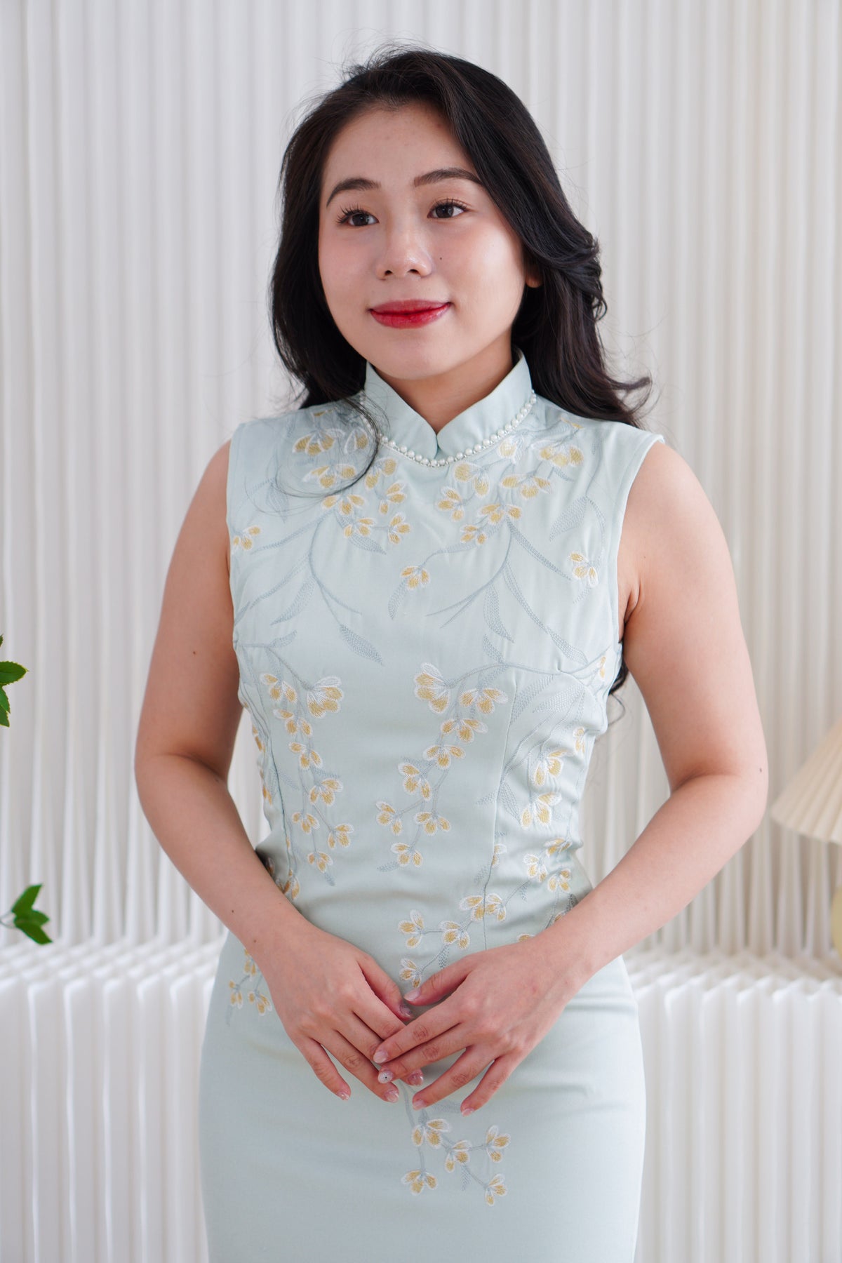 Man Lian High Neck Modern Maxi Cheongsam with Pearls in Light Green