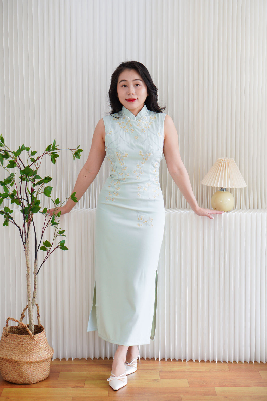 Man Lian High Neck Modern Maxi Cheongsam with Pearls in Light Green