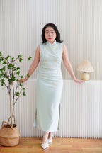 Man Lian High Neck Modern Maxi Cheongsam with Pearls in Light Green