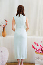 Man Lian High Neck Modern Maxi Cheongsam with Pearls in Light Green