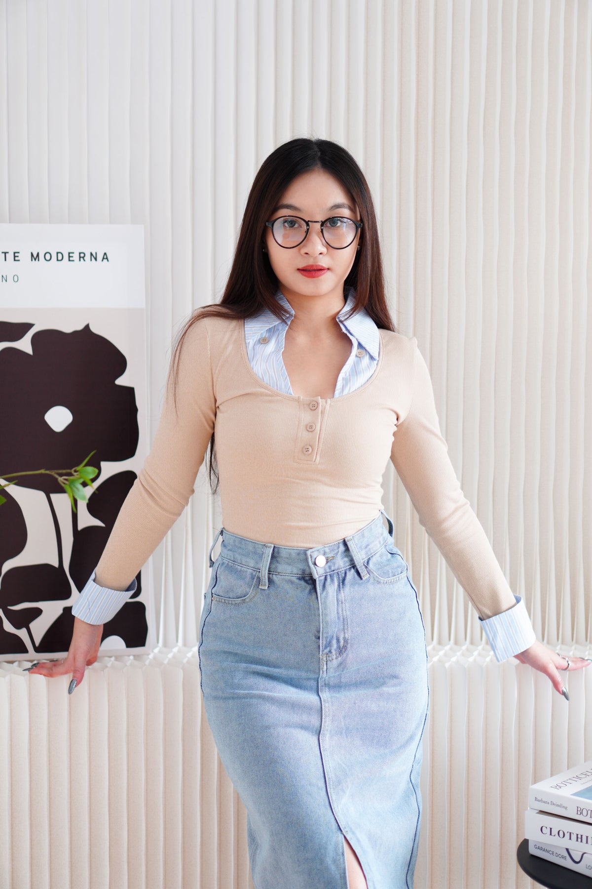 Miss Sully Faux Collar Knit Top in Nude and Blue