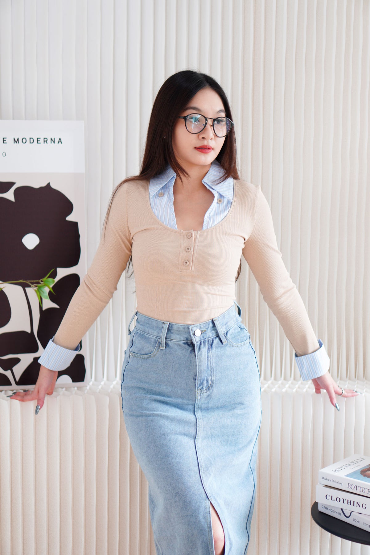 Miss Sully Faux Collar Knit Top in Nude and Blue