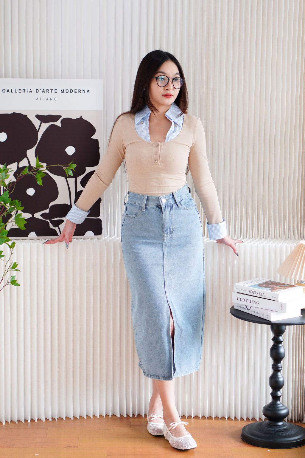 Miss Sully Faux Collar Knit Top in Nude and Blue