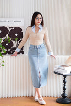Miss Sully Faux Collar Knit Top in Nude and Blue
