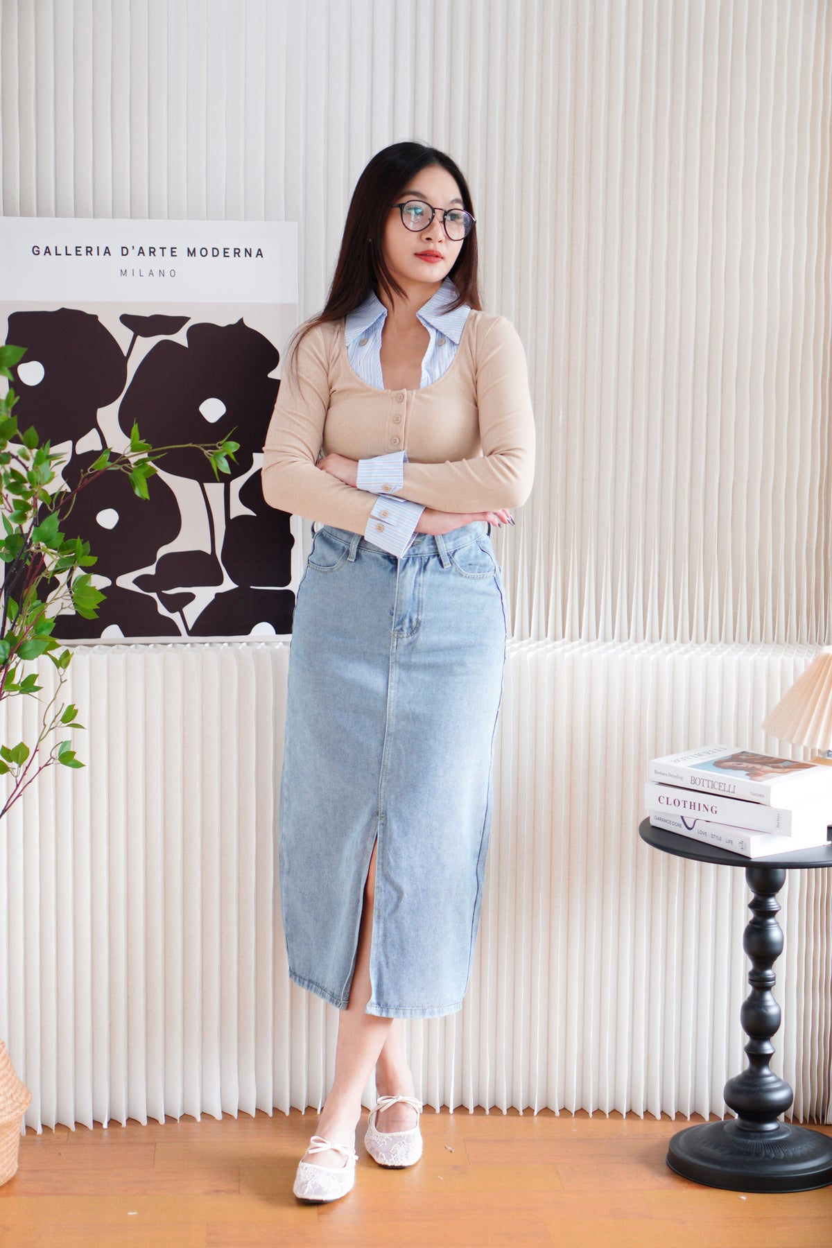 Miss Sully Faux Collar Knit Top in Nude and Blue