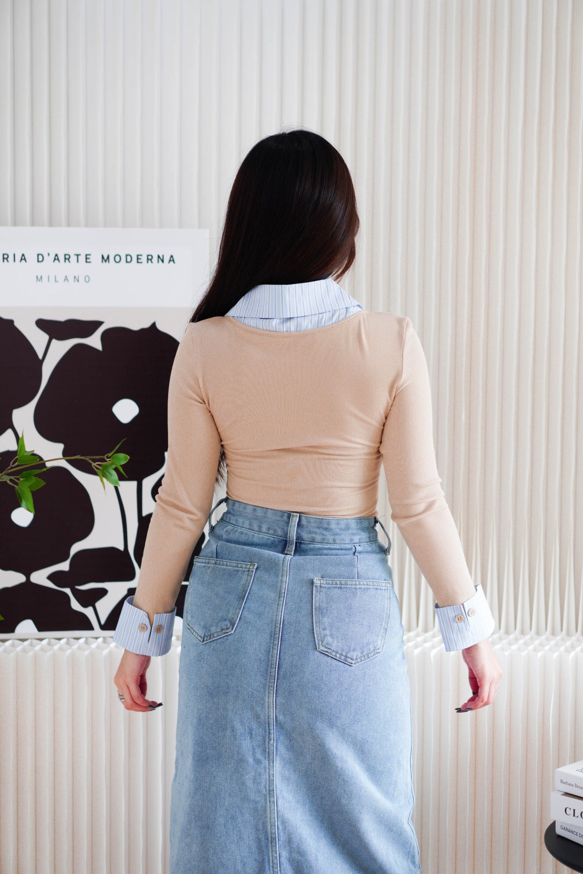 Miss Sully Faux Collar Knit Top in Nude and Blue